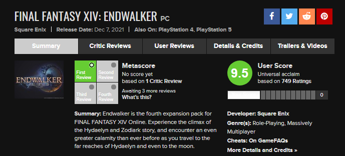 Metacritic's highest user score in 2021 is Final Fantasy 14: Endwalker