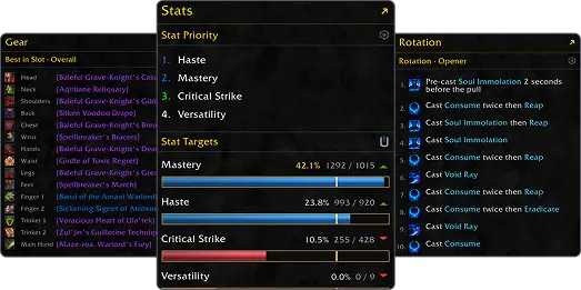 The Class Codex addon showing gear, stat priority and rotation panels in-game